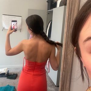 Coral pink strapless, open back midi dress. Never worn and super comfortable.